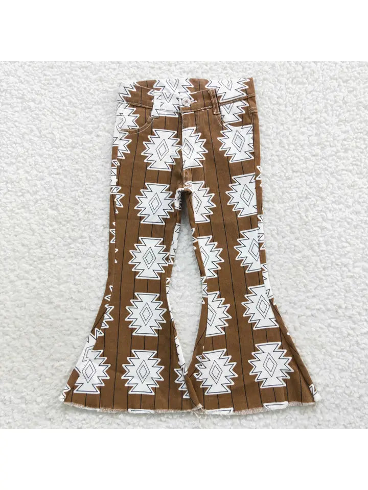 Baby Girls Western Elastic Waistband Denim Bell Pants Jeans Brown Aztec