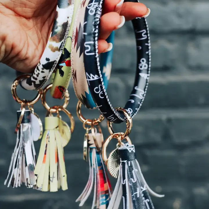 Brown Cowhide Bangle Bracelet Keyring with Tassel