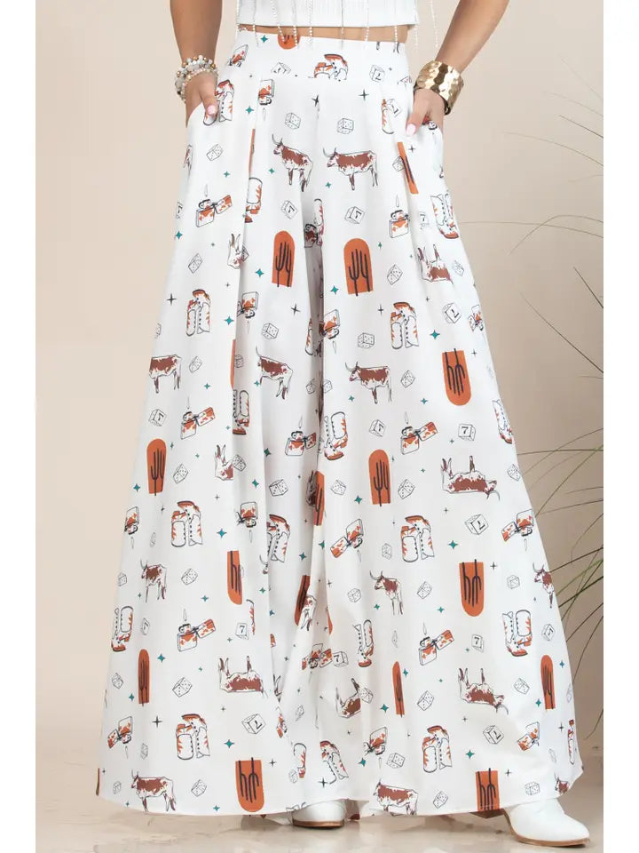 Farm-Western Cow Print Low Waist Wide Leg Pants