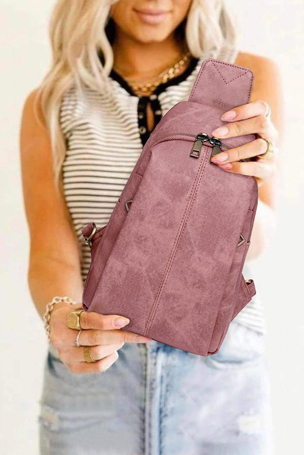 Rose Tan Vintage Printed Straps Crossbody Chest Bag