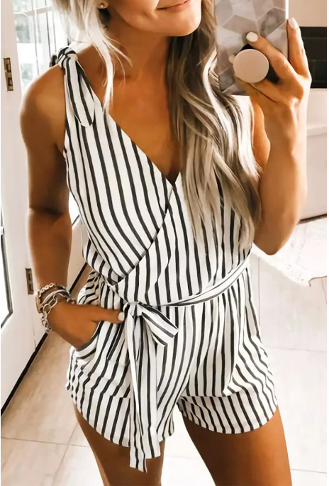 White Striped Print V Neck Sleeveless Belted Romper