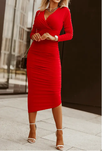 Fiery Red Long Sleeves Wrap V Neck Ruched Sheath Bodycon Dress