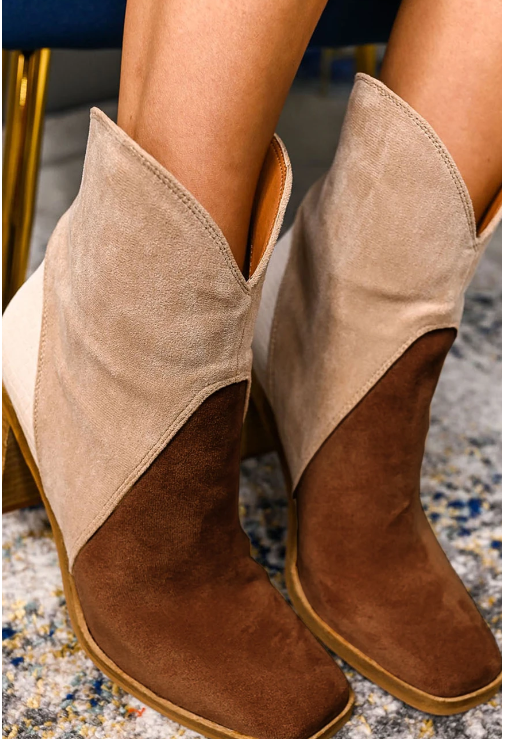 Chestnut Colorblock Suede Heeled Ankle Booties