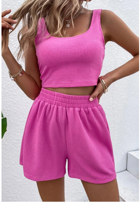 Rose Plain Sleeveless High Waisted Corduroy Two Piece Shorts Set