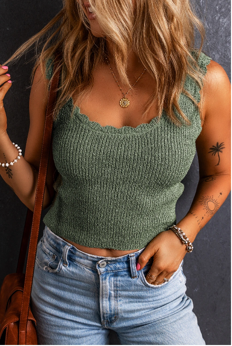 Mist Green U Neck Scallop Trim Knit Tank Top