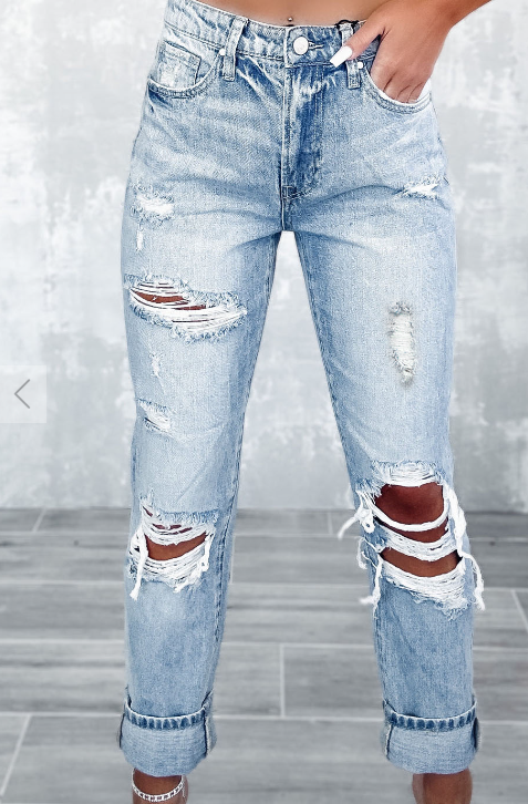 Sky Blue Light Wash Frayed Slim Fit High Waist Jeans