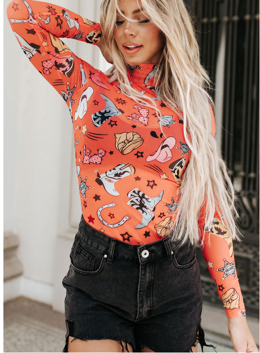 Orange Rodeo Bound Printed Long Sleeve Bodysuit