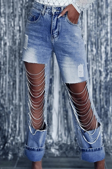 Washed Distressed Hole Chain Rhinestone Jeans Pants