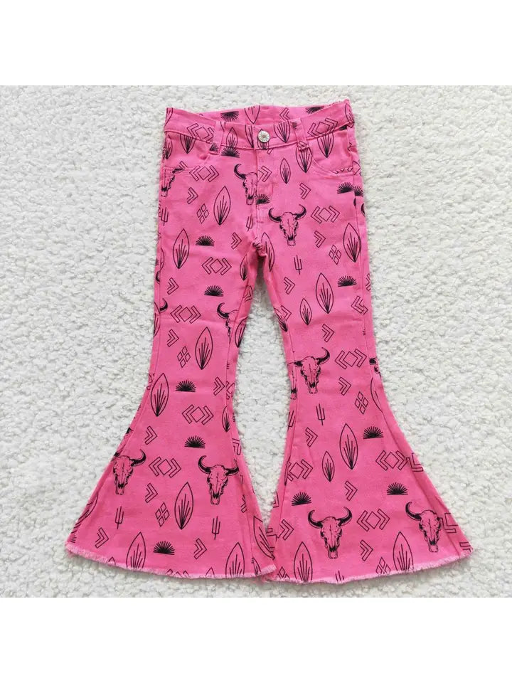 Baby Girls Western Elastic Waistband Denim Bell Pants Jeans PINK