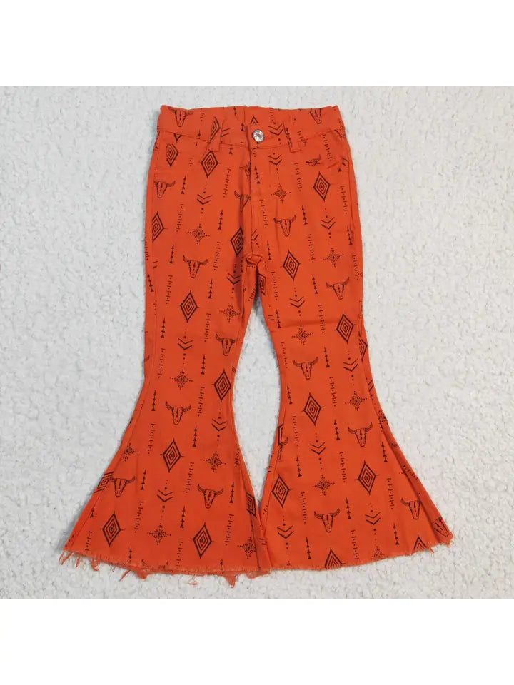 Baby Girls Western Elastic Waistband Denim Bell Pants Jeans ORANGE COW