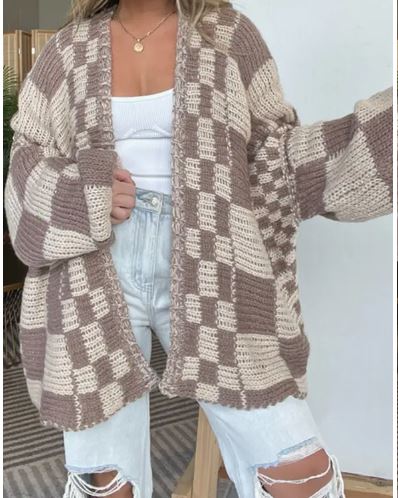 Rizz Boxy Checkerboard Knit Cardigan