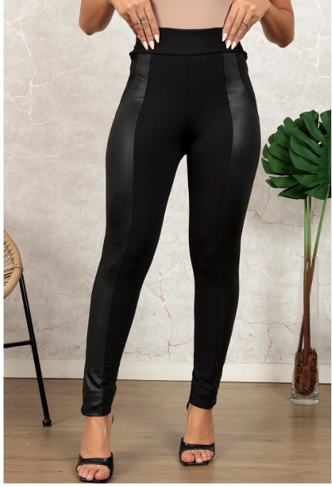 Black Leather Panel Patchwork High Waist Leggings