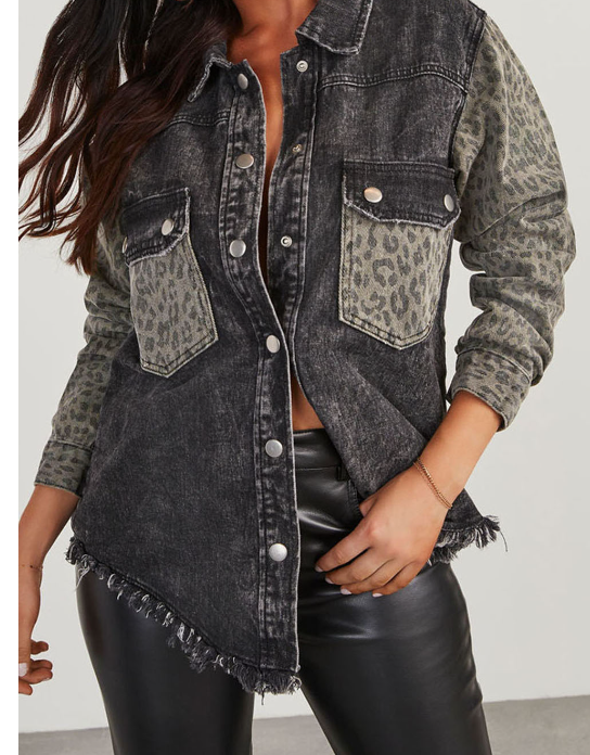Black Leopard Patch Pocket Vintage Raw Hem Denim Jacket
