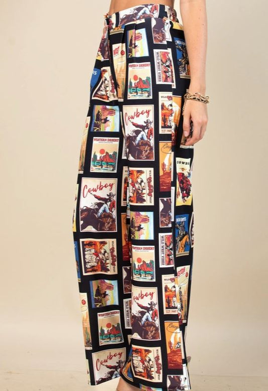 Western Cowboy Stamps Print Slack Pants