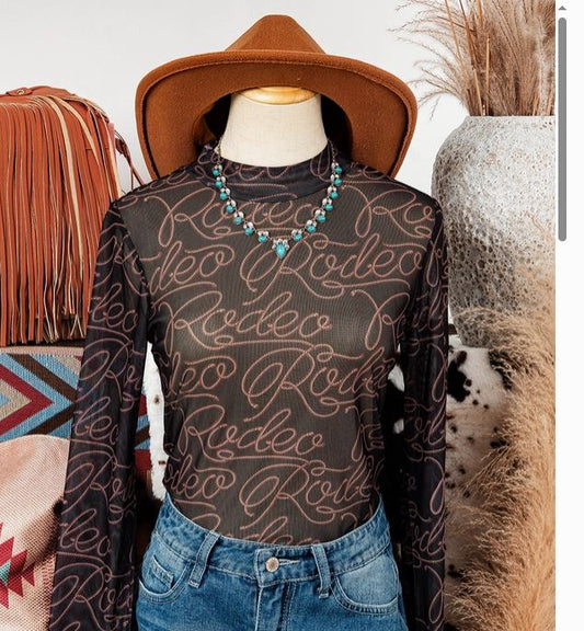 Fall Western Rodeo Mock Neck Long Sleeve Mesh Top