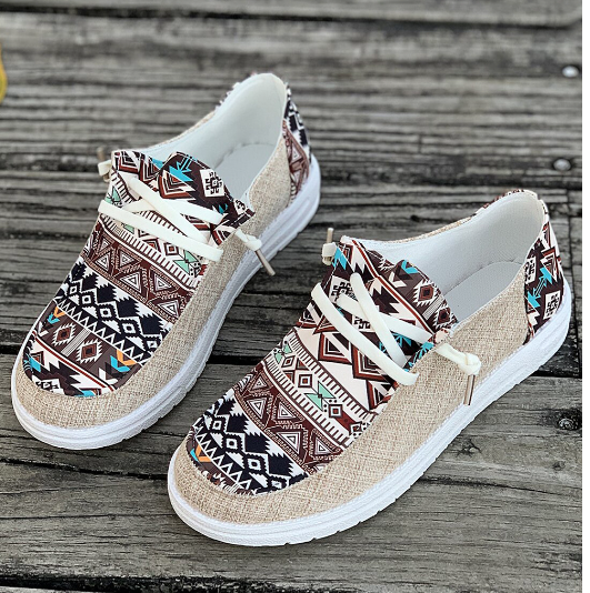 Brown Vintage Aztec Patchwork Lace-up Decor Flat Shoes